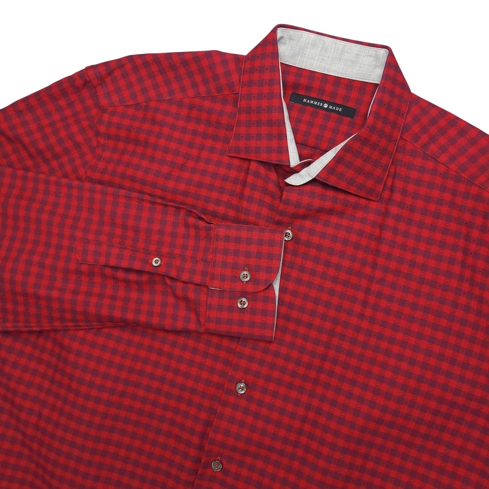 Hammer Made Dress Shirt Mens 17 34/35 Red Gingham Regular Fit Long Sleeve Cotton